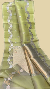 Lime Green Gold and Silver Zari Floral Kora Organza Saree